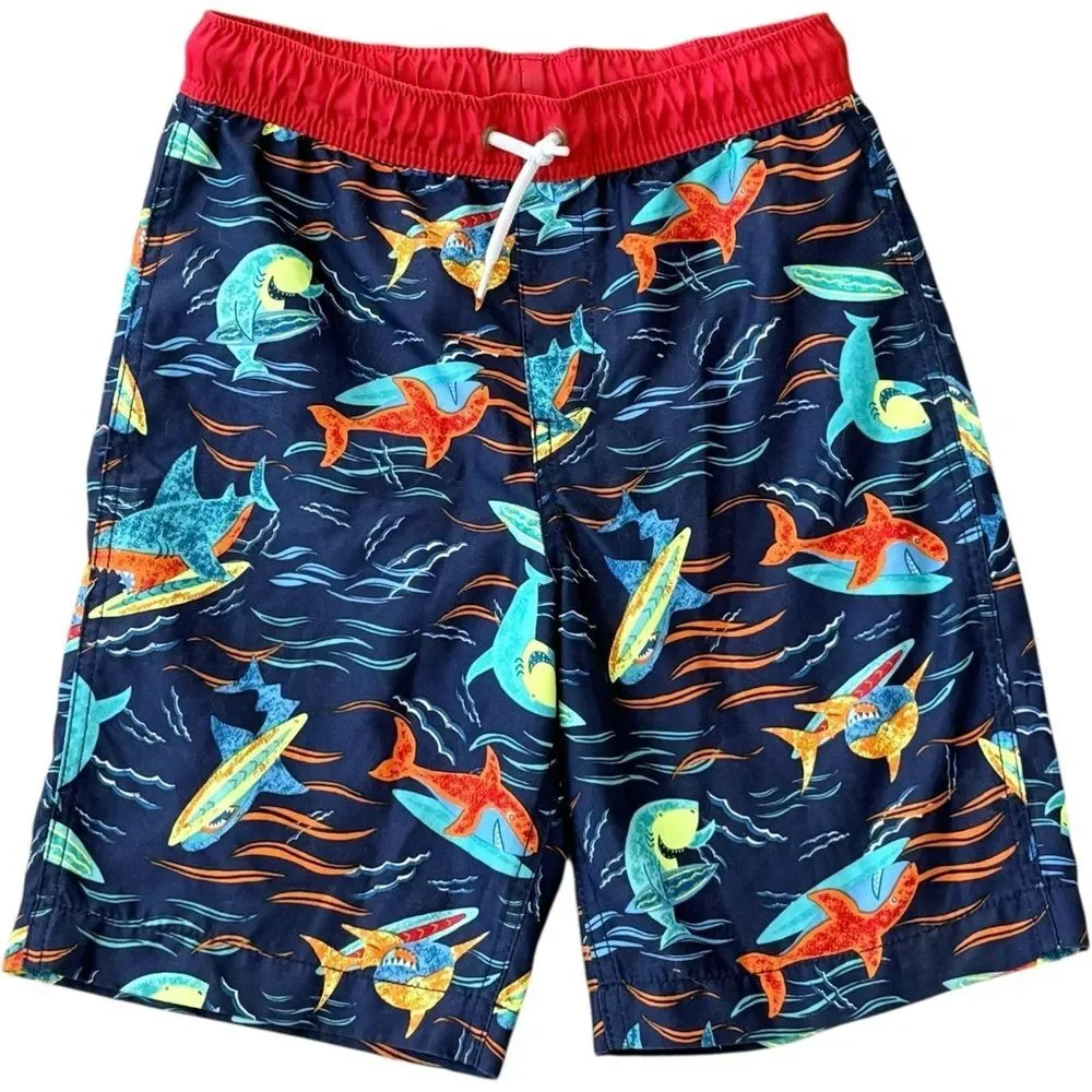 Lands’ End Boys Kids Shark Print Pull-On Lined Swim Trunks Board Shorts. Large.